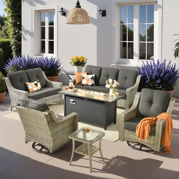 Toject Eureka 6-Piece Wicker Patio Conversation Sofa Seating Set with Metal Fire Pit Table and Black Cushions