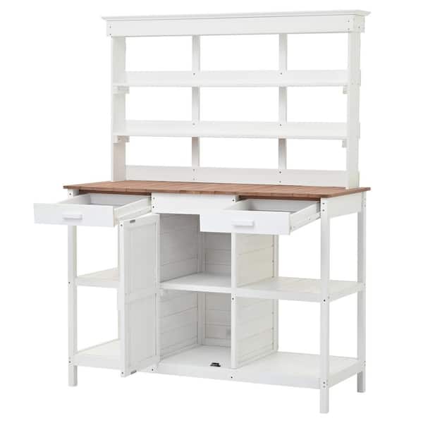 Huluwat 50.2 in. W x 66 in. H White Outdoor Farmhouse Wooden Potting Bench Table with 2-Drawers, Cabinet and Open Shelves