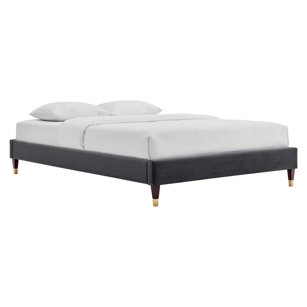 Glam Deco Charcoal Velvet Queen Platform Bed with Gold Accents