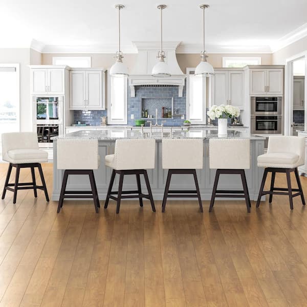 OrangeOne Zorro 27 in.Linen Fabric Upholstered Swivel Counter Stool Wood Frame Double Cushion Swivel Bar Stool Set of 6