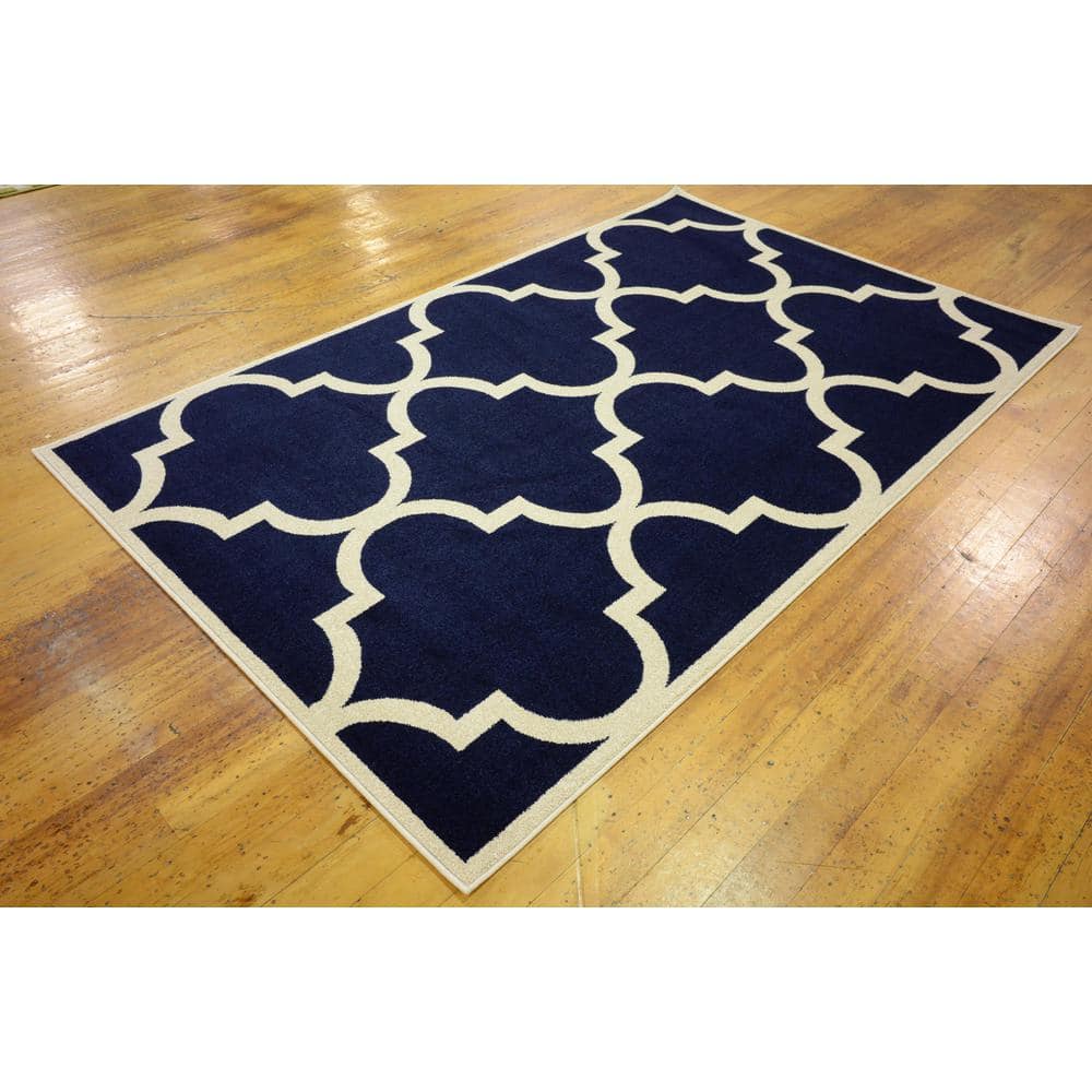 Navy Blue Trellis Rectangular Indoor Rug 5' x 8' - Easy Care & Stain-Resistant
