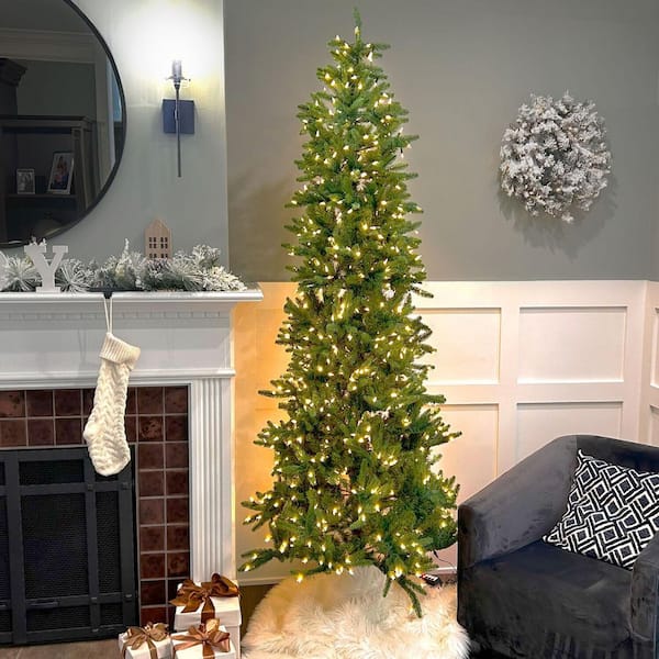 Fraser Hill Farm 7.5-ft. Pre-Lit Carmel Pine Slim Green Artificial Christmas Tree, Multi-Color LED Lights