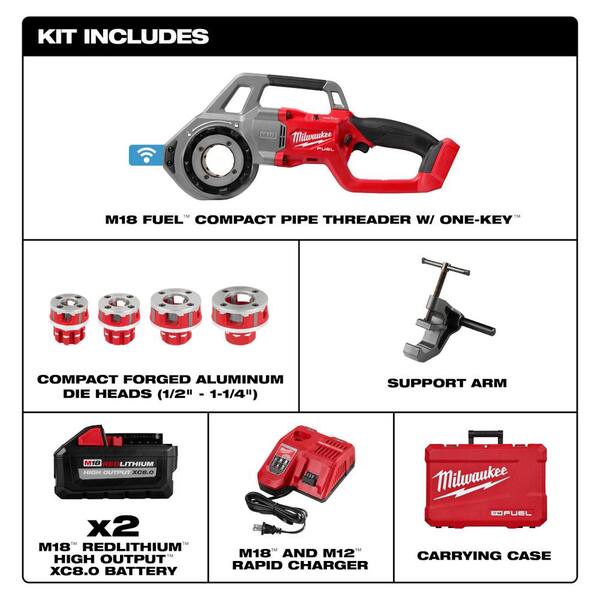 Milwaukee M18 FUEL One-Key Cordless Brushless Compact Pipe Threader Kit  W/(2) 8.0Ah Batteries, 1/2 in. - 1-1/4 in. Aluminum Dies 2870-22 - The Home  Depot