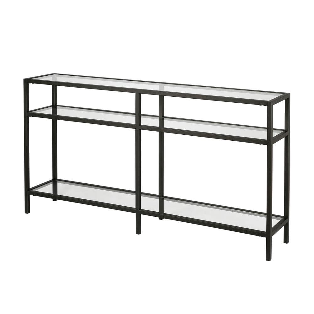 Sivil 55" Blackened Bronze and Black Metal Console Table with Glass Top