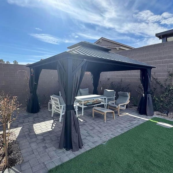 12 ft. x 14 ft. Gray Aluminum Hardtop Gazebo Canopy with Netting and Curtains