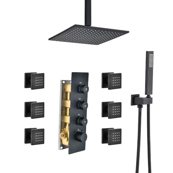 YASINU 12 in. 6-Jet Thermostatic Mixer Shower Faucet System Combo Shower Head and Handshower in Matte Black (Valve Included)