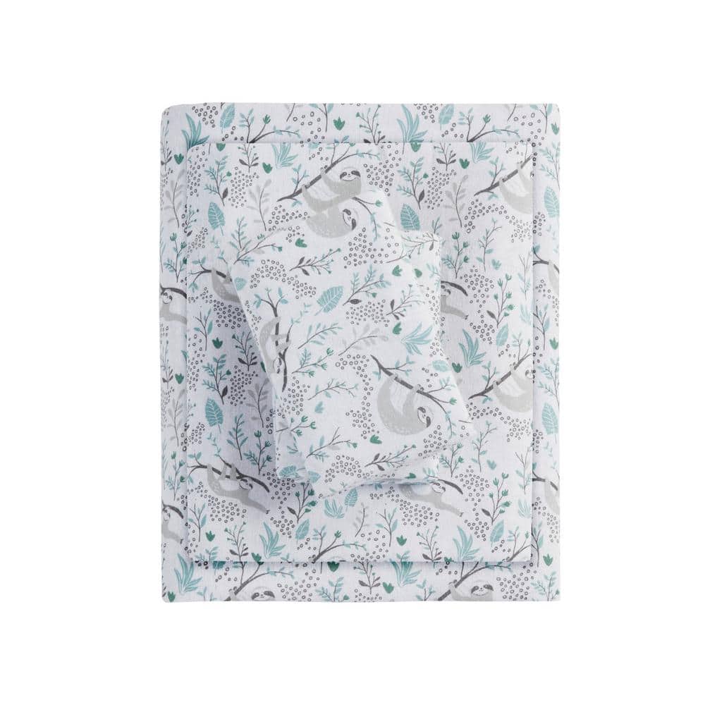Gray Sloth Print Twin Cotton Flannel Sheet Set