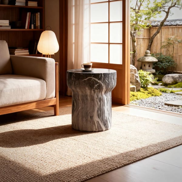 Modern Marble 15.55 in Round Magnesium Oxide End Table with Cylindrical Design