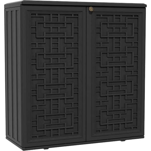 34 in. W x 15 in. D x 36 in. H Black HDPE Maze Pattern Outdoor Storage Cabinet (Include a Metal Shelf)