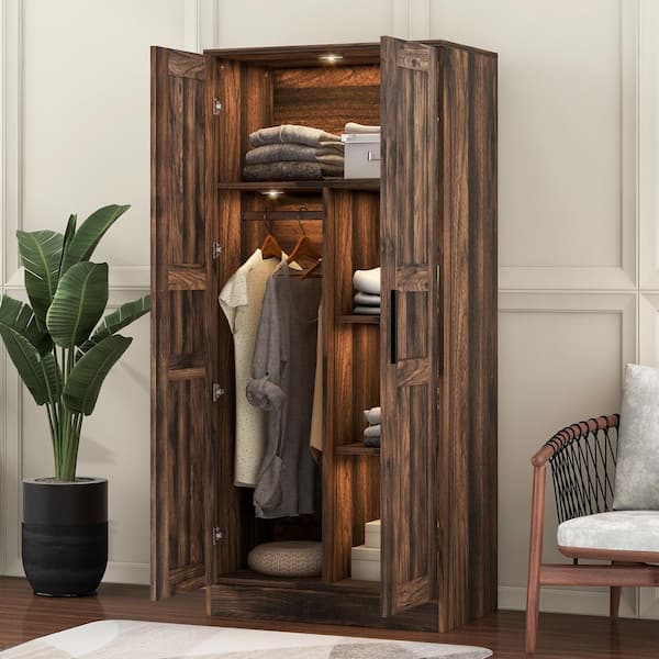 Harper & Bright Designs Brown Wooden 31.5 in. Wardrobe with LED, Hanging Rod, 4 Shelves