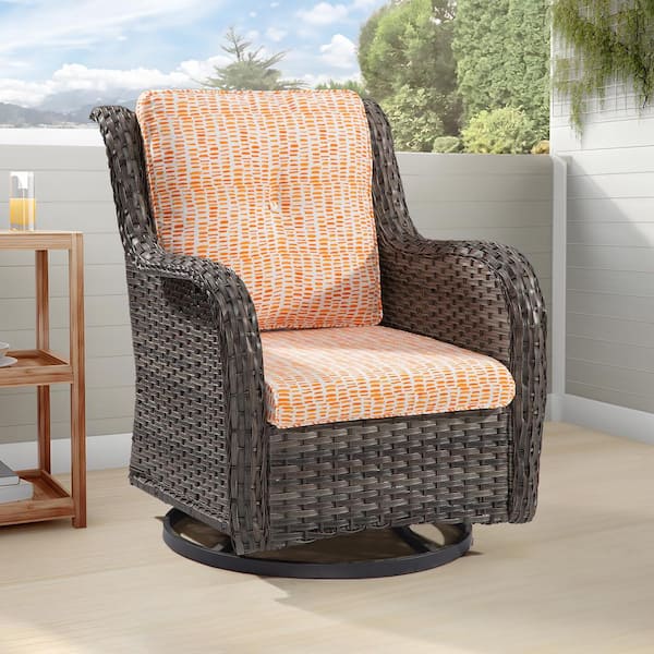 JOYSIDE Wicker Outdoor Rocking Chair Patio Swivel with Pebble Orange Cushions