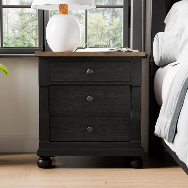 Windcrest Farmhouse Black/Rustic Oak 3 Drawer 26 in. W Nightstand With USB Charging Ports