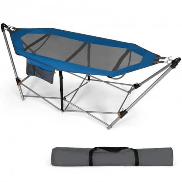 ANGELES HOME Outdoor 7.45 ft. Metal Portable Free Standing Camping Hammock with Collapsible Stand and Carry Bag in Blue