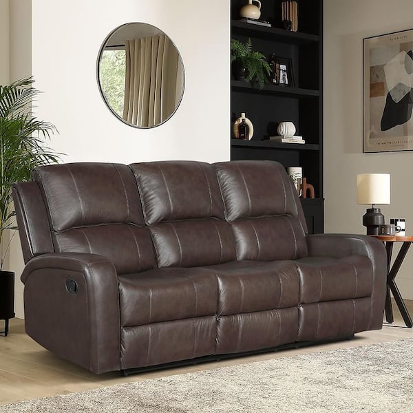 Longvale 78 in. W Pillow Top Arm Leather Rectangle Manual Double Reclining Sofa in. Brown