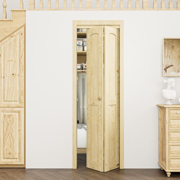 24 in. x 80 in. Arch Panel 2-Lite Solid Core Unfinished Pine Wood Interior Closet Bi-fold Door with Hardware