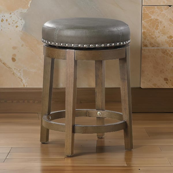 Benjara 25 in. Gray and Brown Backless Wood Frame Bar Stool with Faux Leather Seat (Set of 2)