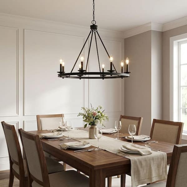 33 in. W x 25 in. H 8-Light Matte Black Open Ring Metal Chandelier with No Bulbs Included