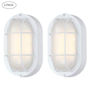 Ali Matte White Integrated LED Outdoor bulkhead Wall Lantern Sconce with Ellipse Frosted Glass Shade (2-Pack)