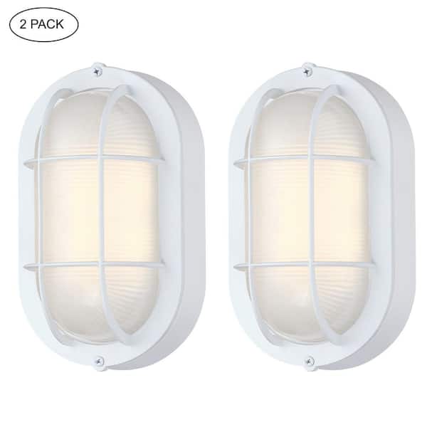 Hukoro Ali Matte White Industrial LED Outdoor Light with Ellipse Frosted Glass Shade, Dimmable, 3000K, 500 Lumens (2-Pack)