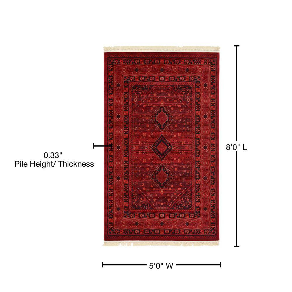 Red Geometric Synthetic 5' x 8' Stain-Resistant Area Rug