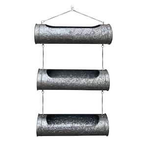 36 in. Silver Galvanized Metal Cylindrical Indoor and Outdoor 3 Tier Hanging Planter with Chrome Chain
