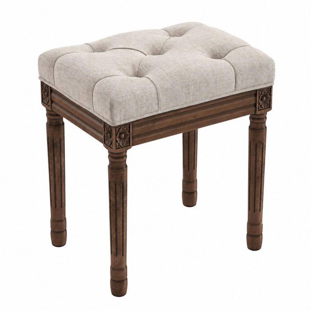 Brown Rubberwood 17.72 in. Tall Makeup Vanity Stool with Carved Dark Brown Legs, Upholstered Fabric Vanity Bench Seat