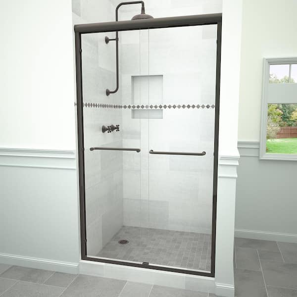 Tile Redi 6000 Series 48 in. W x 72 in. H Sliding Semi-Frameless Shower Doors in Oil Rubbed Bronze with Towel Bar and Clear Glass