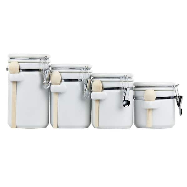 Home Basics 4 Piece Ceramic Canister Set with Wooden Spoons, White