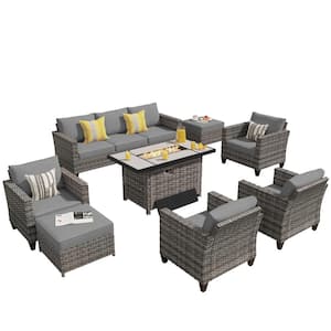 Milan Gray 8-Piece Wicker Outdoor Patio Rectangular Fire Pit Seating Sofa Set and with Dark Gray Cushions