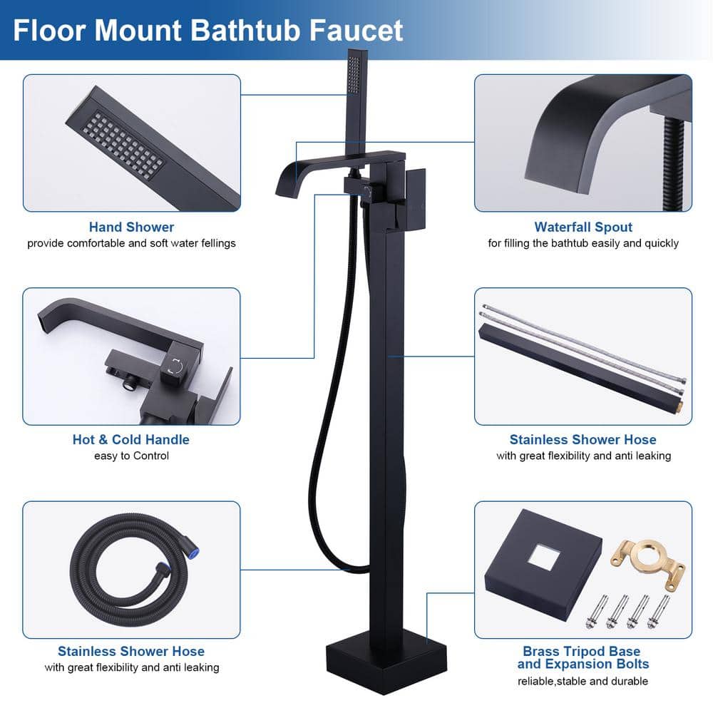 Matte Black Freestanding Waterfall Tub Faucet with Hand Shower
