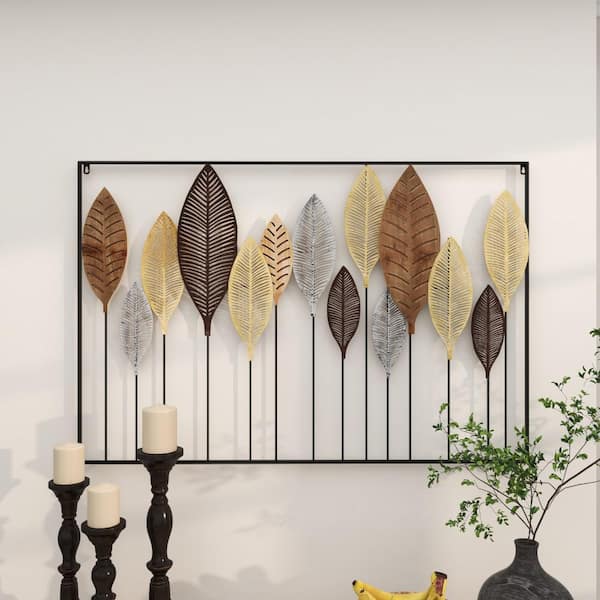 Large Metal Silver and Bronze Textured Leaf Wall Decor 50 in. x 15 in.