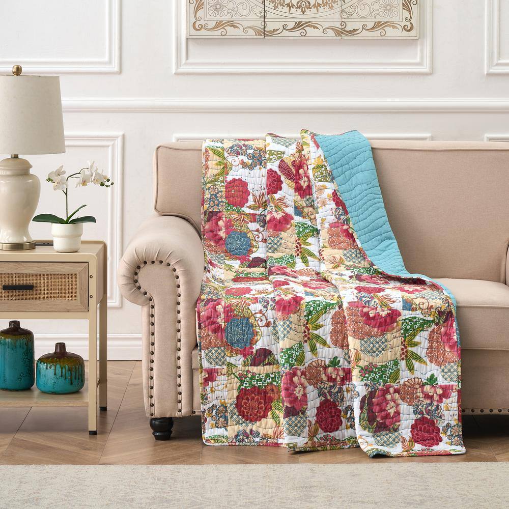 Jewel Multicolor Cotton Kantha-Quilted Reversible Throw Blanket, 50" x 60"