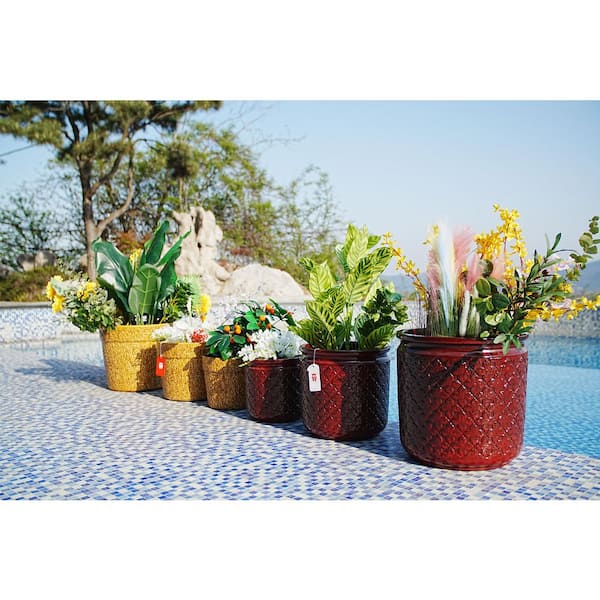 Set of 3 13 in. Flared Bean Paste Red Ceramic Flower Pot with Drainage-Frost Resistant Planter for Indoor Outdoor