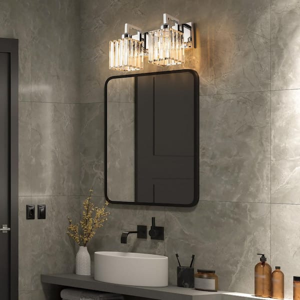 Home Lighting Fixture Width 12.59 in. 2-Light Chrome Modern Crystal Vanity Lights Wall Sconces for Bathroom