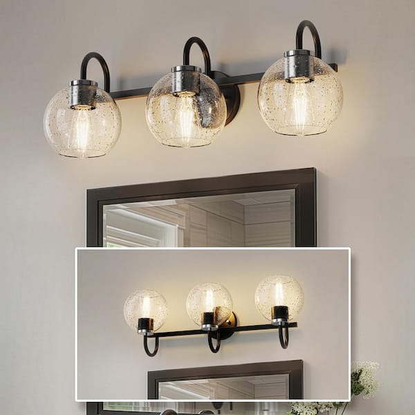 25 in. 3-Light Black Vanity Light with Globe Clear Glass Shades for Bathroom, Mirror, Vanity Area