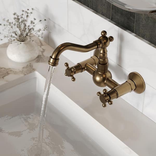 Double Handles Wall Mount Bathroom Sink Faucet with Valve in Antique Brass (1-Pack)