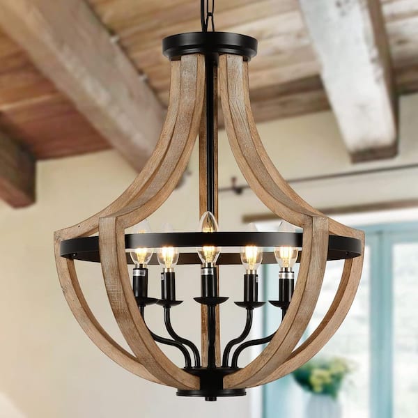 Farmhouse 5 Light Matte Black Distressed Solid Wood Open Cage Square Chandelier for Dining Room No Bulbs Included
