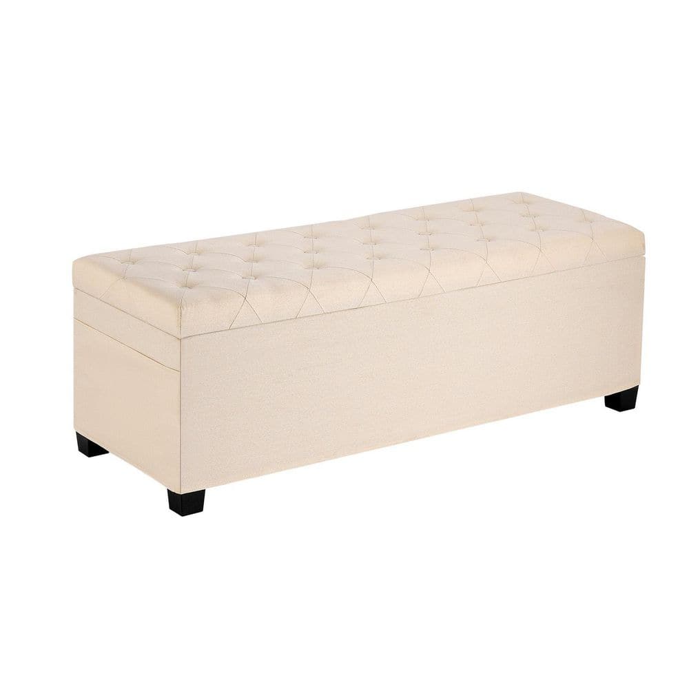Beige Linen Rectangle Storage Large Ottoman