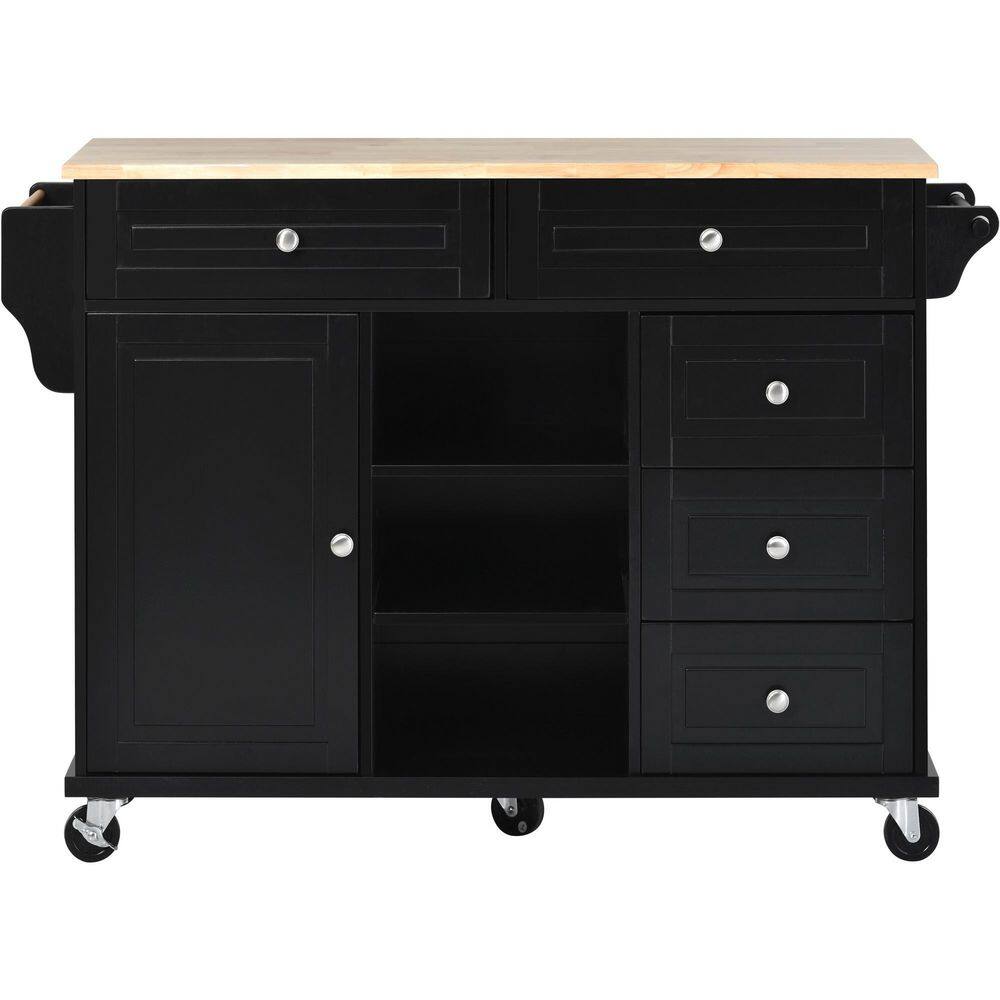 Black Rubber Wood Kitchen Cart with Spice Rack and Towel Rack