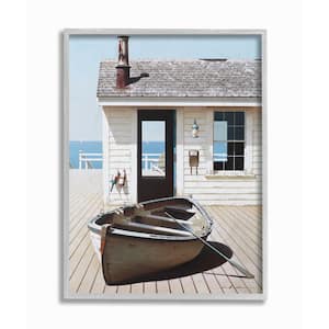 "Boat On Boardwalk Tranquil Coastal Boathouse Painting" by Zhen-Huan Lu Framed Nature Wall Art Print 16 in. x 20 in.