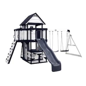 Canyon Creek All Cedar Wooden Outdoor Swing Set Playset with Rock Wall, Wave Slide, Web Swing, and Play Kitchen