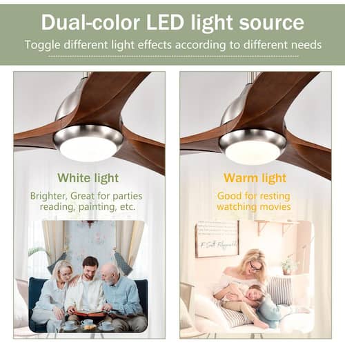 52 in. Indoor/Outdoor Nickel Ceiling Fan with Lights, 3-Carved Wood Fan Blades Ceiling Fan with 6-Speed Remote Lighting