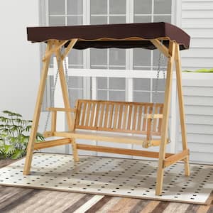 2-Person Wooden Garden Canopy Patio Swing A-frame with Weather-Resistant Canopy