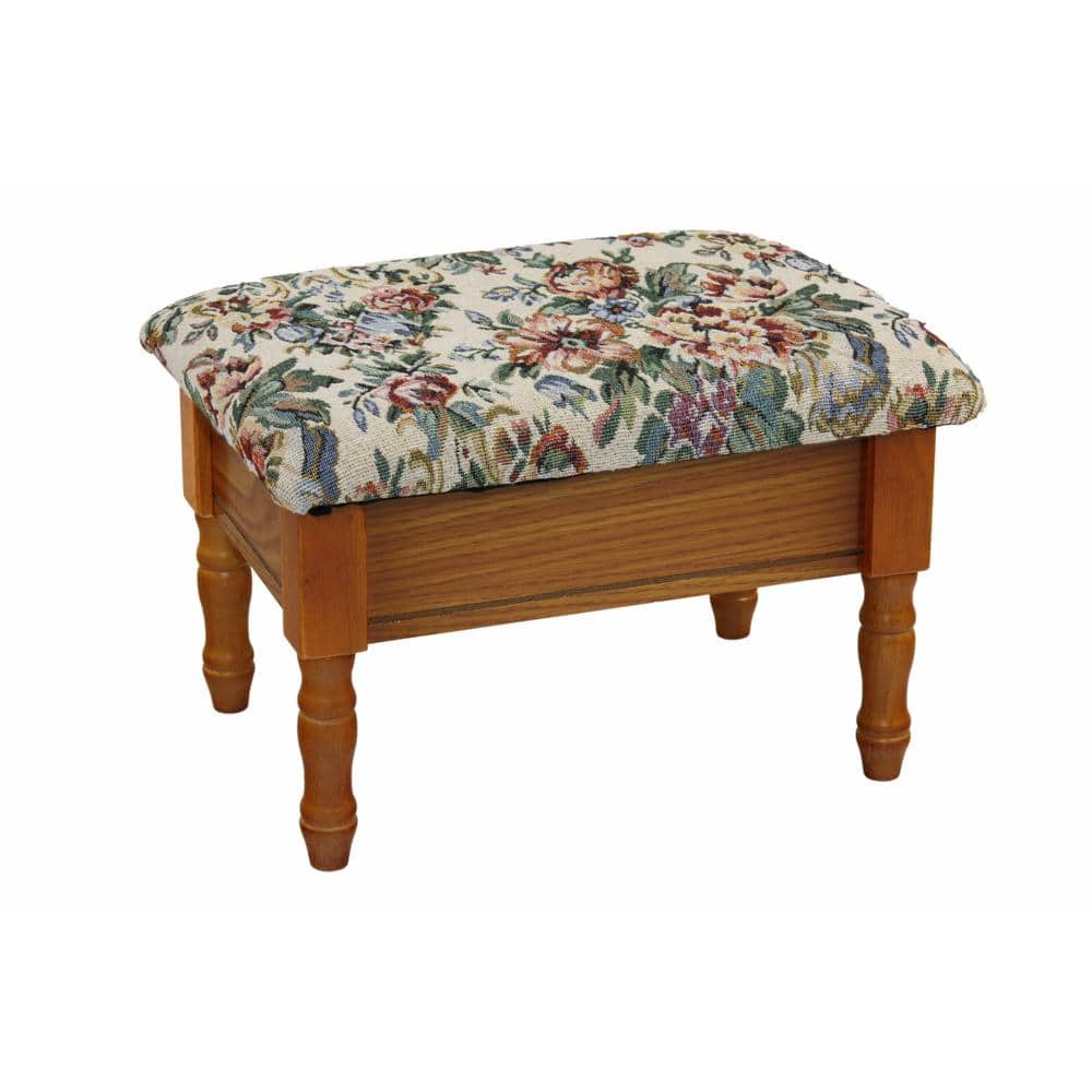 Modern Oak Finish Round Storage Footstool with Cream Damask Seat