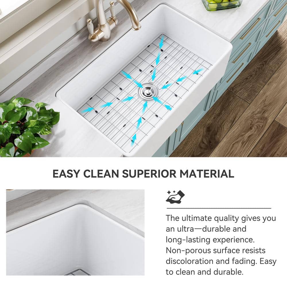 White Fireclay 33" Farmhouse Apron Front Single Bowl Kitchen Sink