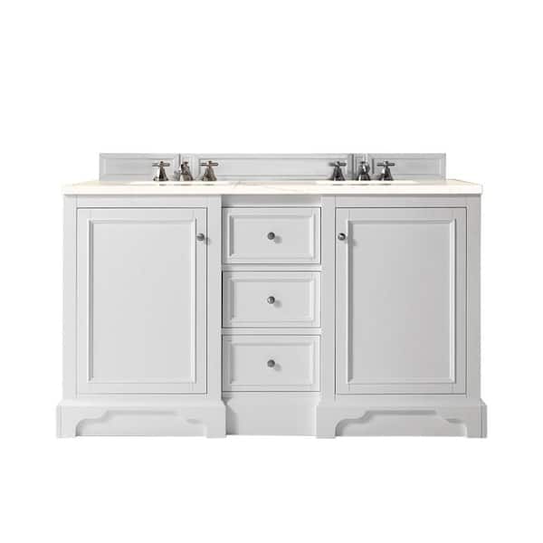 James Martin Vanities De Soto 61.3 in. W x 23.5 in. D x 36.3 in. H Double Bath Vanity in Bright White with Marfil Quartz Top