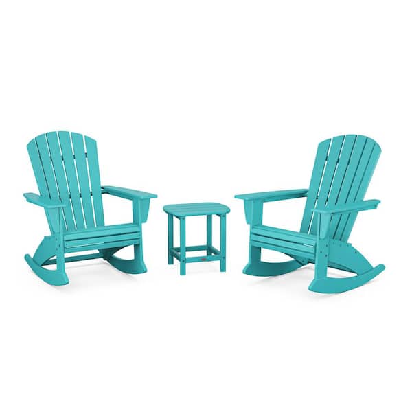 POLYWOOD Nautical Curveback Adirondack Rocking Chair Aruba 3-Piece HDPE Plastic Patio Conversation Set