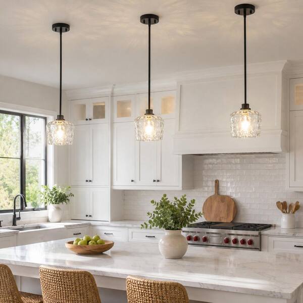 RayHome 1-Light Modern Black Adjustable Height Pendant Light with Hand-Blow Hammered Glass for Kitchen Island Bedroom