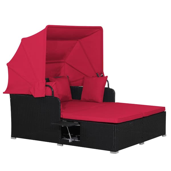 Wicker Outdoor Day Bed with Retractable Canopy PE Rattan Sunbed and 2 Folding Side Trays Red Soft Cushions