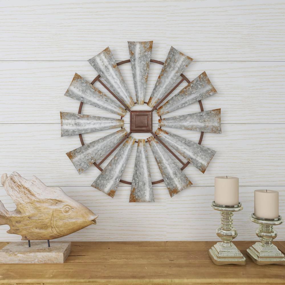 Silver Distressed Galvanized Metal Windmill Wall Sculpture